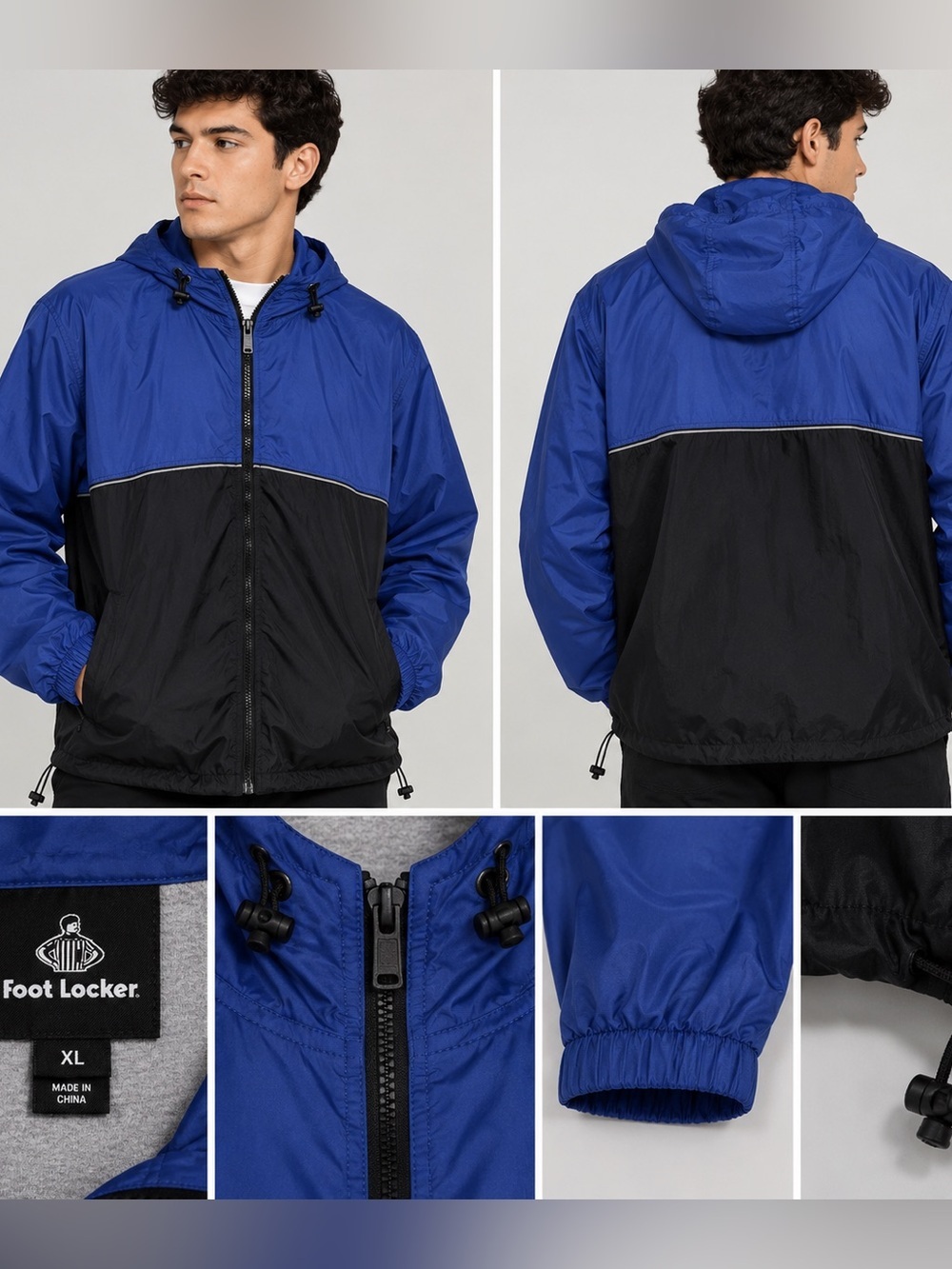 Foot Locker  Mens Size XL Nylon Windbreaker Hood Full Zip Jacket Blue Black Coat
